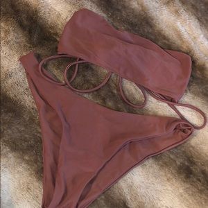 Lace Up Bandeau Top and High Leg Bikini Set